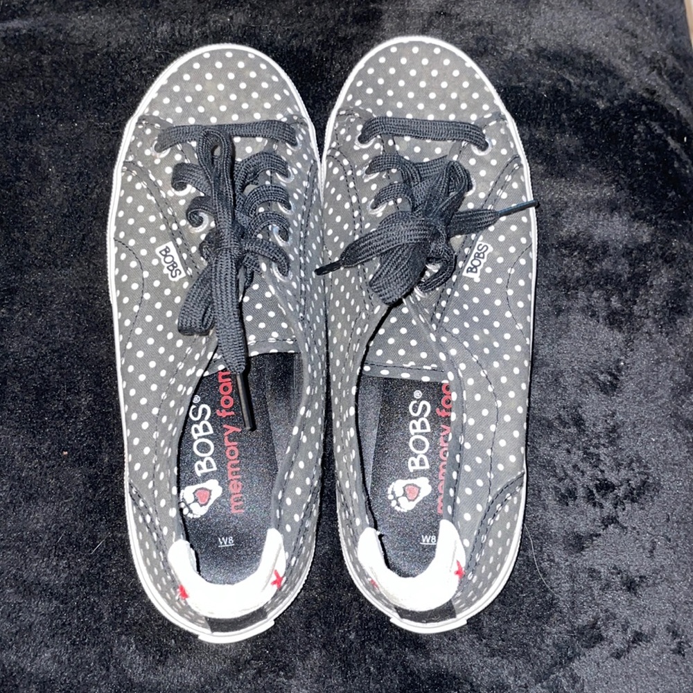 Bobs Memory Foam Women’s Size 8 Slip Ons. Black with white dots.